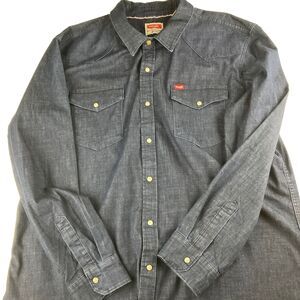 Wrangler Western Shirt Men 2XL Blue Chambray Pearl Snap Long Sleeve Denim Work